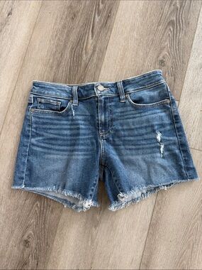 PAIGE Medium Blue Distressed Denim Jean Shorts